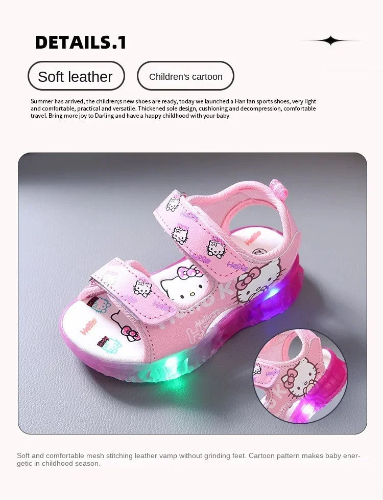 2025 Summer New Baby Girls Led Light Sandals Cute Hello Kitty Children's Casual Shoes Anti-slip Kids Beach Shoes Outdoor Shoes