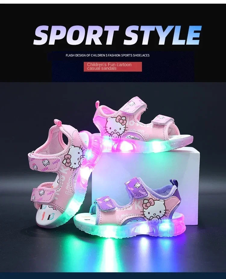 2025 Summer New Baby Girls Led Light Sandals Cute Hello Kitty Children's Casual Shoes Anti-slip Kids Beach Shoes Outdoor Shoes