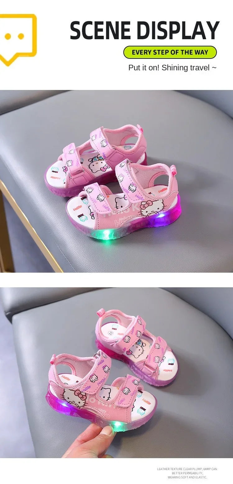 2025 Summer New Baby Girls Led Light Sandals Cute Hello Kitty Children's Casual Shoes Anti-slip Kids Beach Shoes Outdoor Shoes