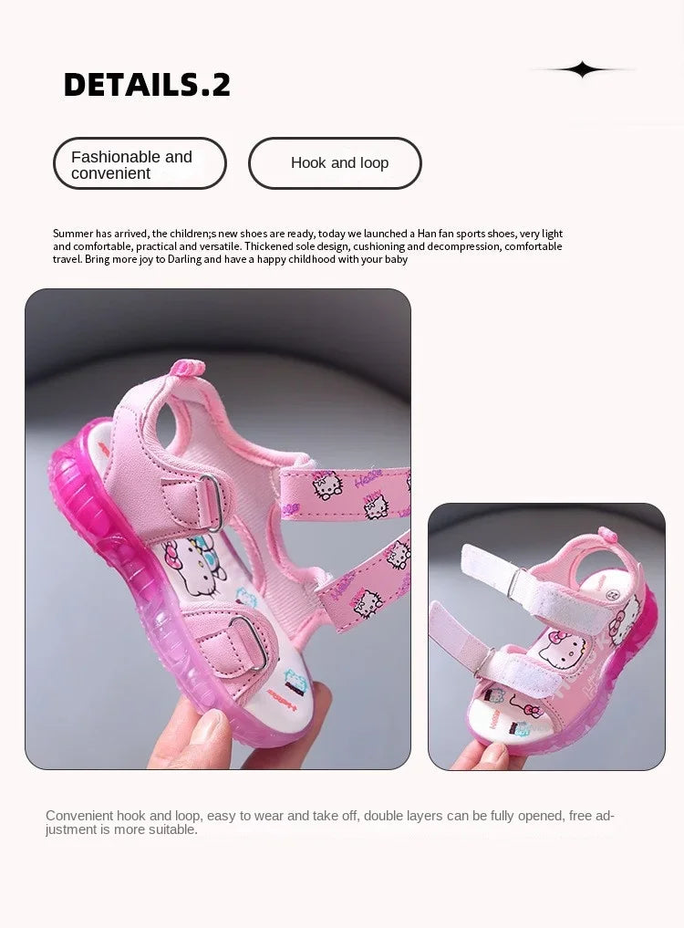 2025 Summer New Baby Girls Led Light Sandals Cute Hello Kitty Children's Casual Shoes Anti-slip Kids Beach Shoes Outdoor Shoes