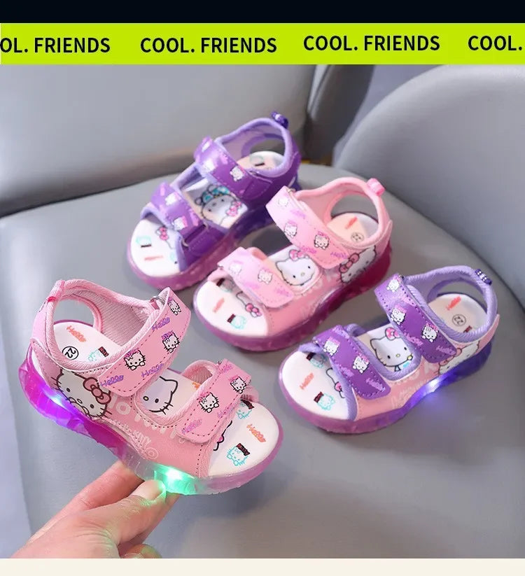 2025 Summer New Baby Girls Led Light Sandals Cute Hello Kitty Children's Casual Shoes Anti-slip Kids Beach Shoes Outdoor Shoes