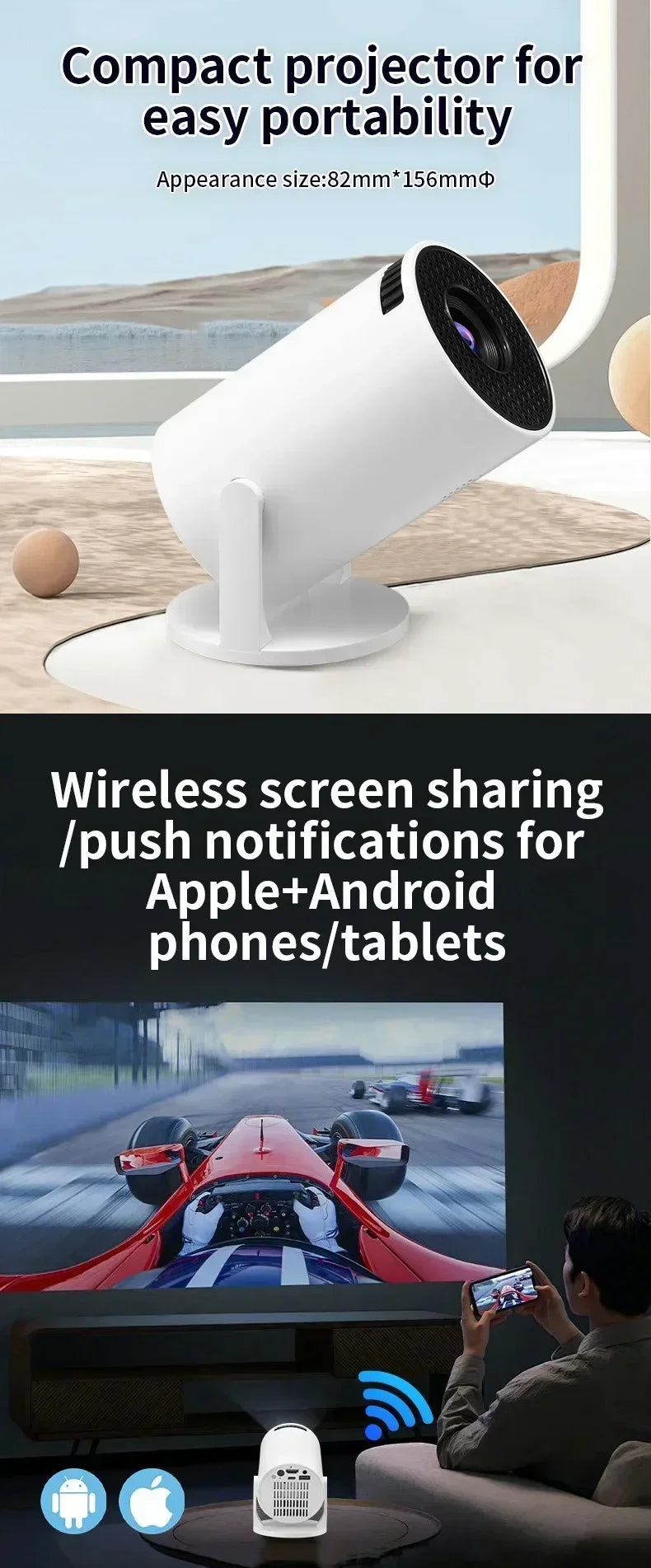 Pocket-Sized 1080P Smart Projector | 270° Adjustable Lens | Wireless Screen Mirroring | Indoor/Outdoor