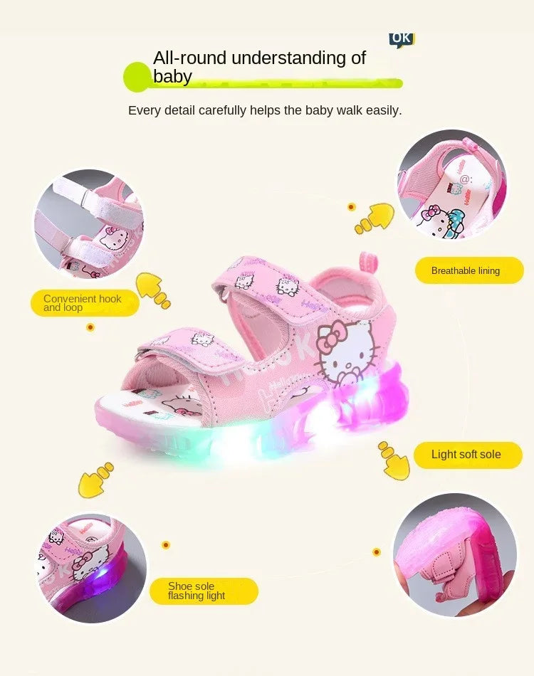 2025 Summer New Baby Girls Led Light Sandals Cute Hello Kitty Children's Casual Shoes Anti-slip Kids Beach Shoes Outdoor Shoes