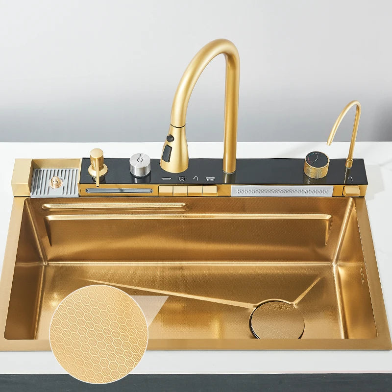 304 Stainless Steel Kitchen Sink with Digital Display Waterfall Faucet, Multifunctional 75*45cm Large Single Slot Whale Sink
