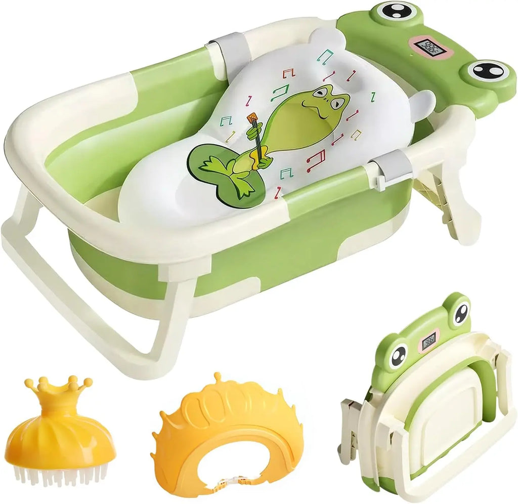 Baby Bath Tub with Bath Cushion Foldable Bathtub with Thermometer Shower Cap Shower Brush for Newborn and Toddler 0-36 Months