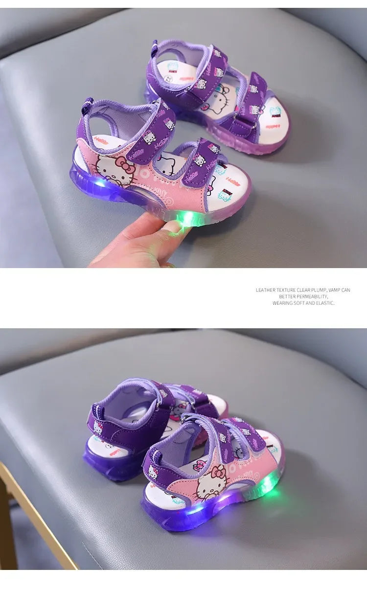 2025 Summer New Baby Girls Led Light Sandals Cute Hello Kitty Children's Casual Shoes Anti-slip Kids Beach Shoes Outdoor Shoes
